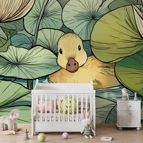 Nature-themed duck mural wallpaper displayed in cozy nursery corner with natural lighting