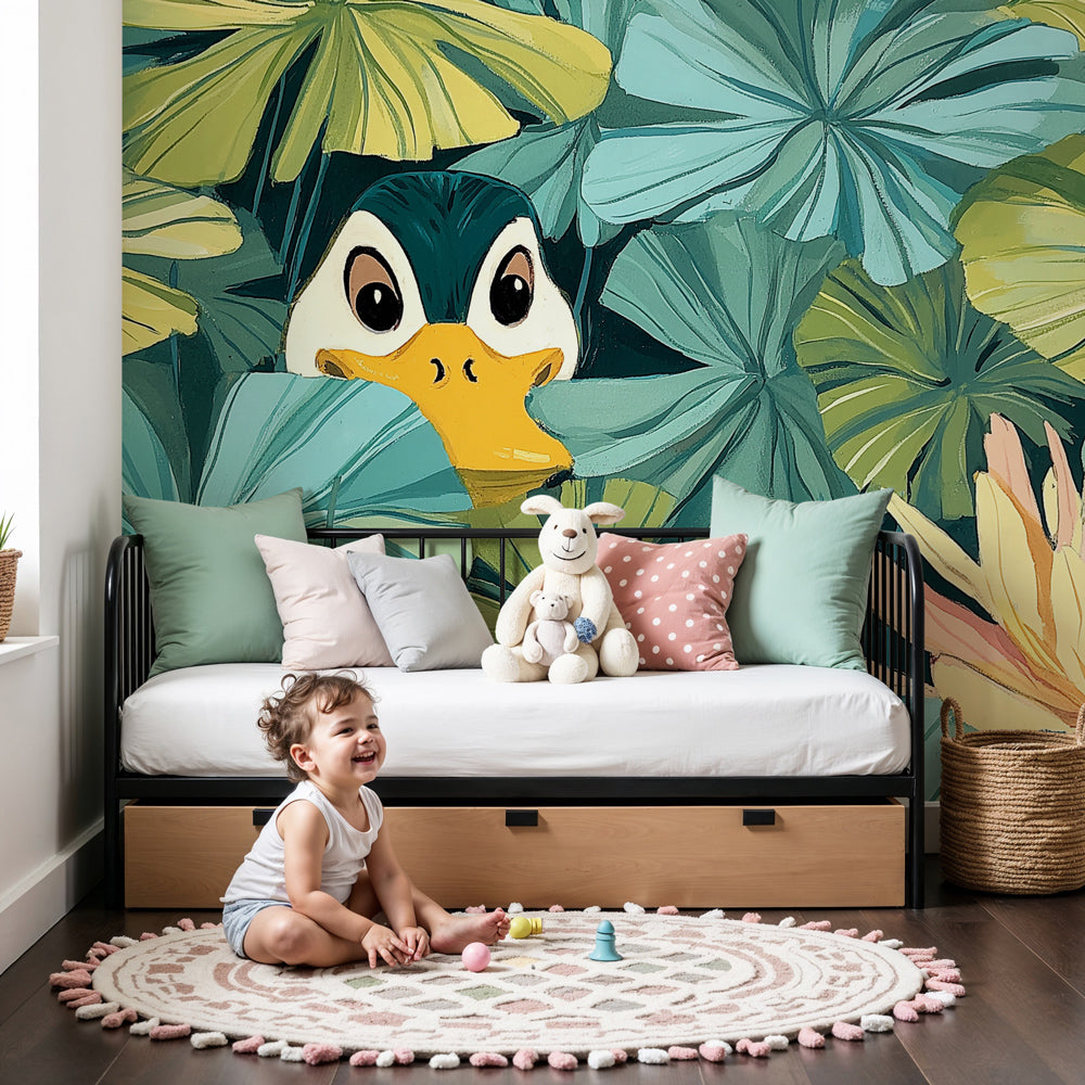 Duck pond mural wallpaper creating peaceful nursery decor with water lily design by Kids-Mundo