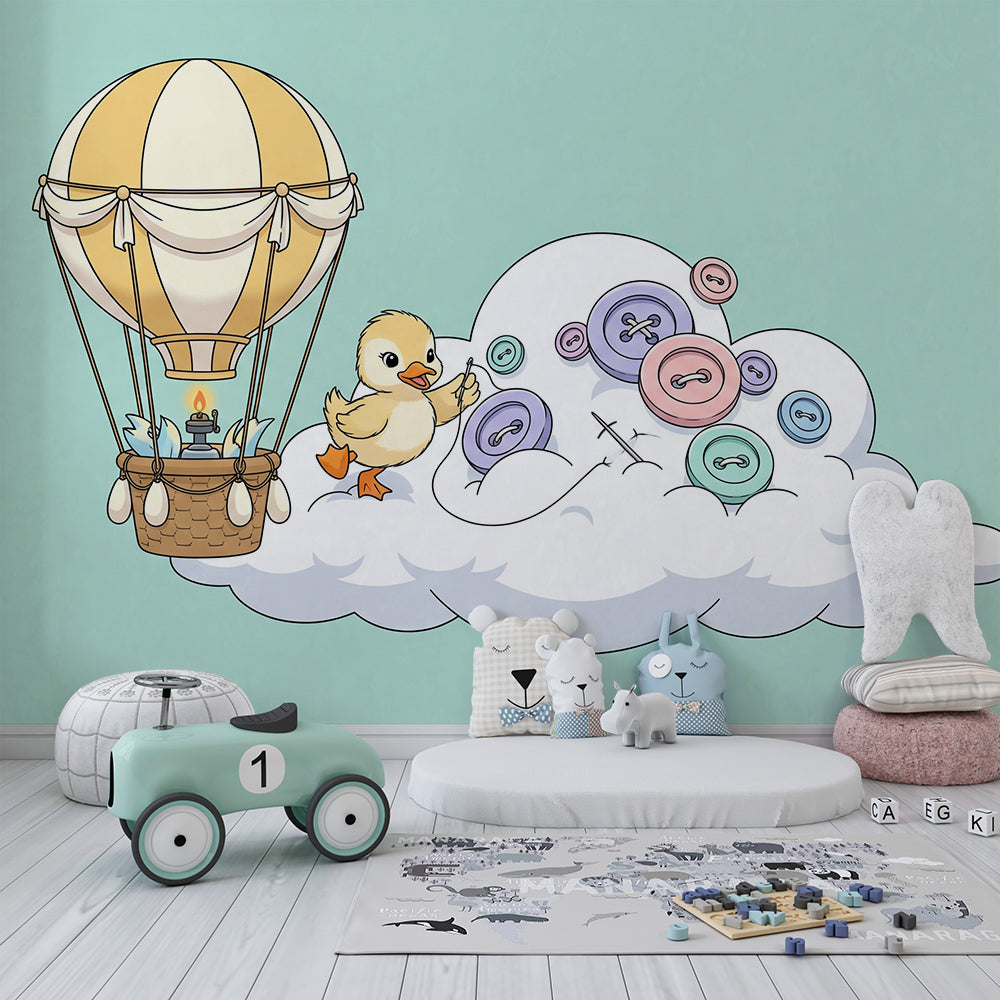 Kids-Mundo duckling and button cloud wall mural featured on a kids bedroom wall