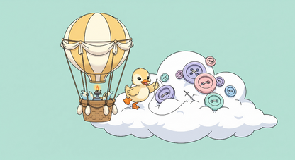 Kids-Mundo flat artwork of a duckling, hot air balloon and button-covered cloud