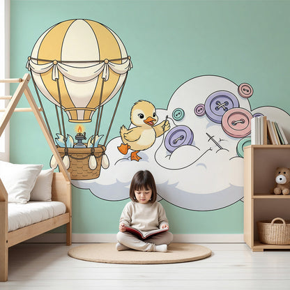 Kids-Mundo duckling and hot air balloon wall mural styled in a mint nursery