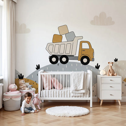 Kids-Mundo dump truck wall mural with building blocks styled in a calm neutral nursery.