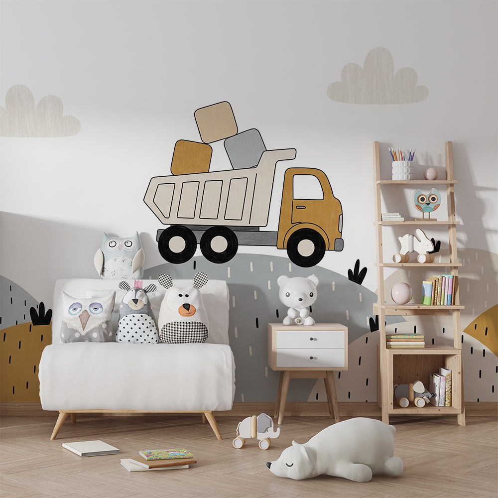 Kids-Mundo dump truck and building blocks wall mural brightening a children's playroom.