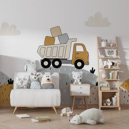 Kids-Mundo dump truck and building blocks wall mural brightening a children's playroom.