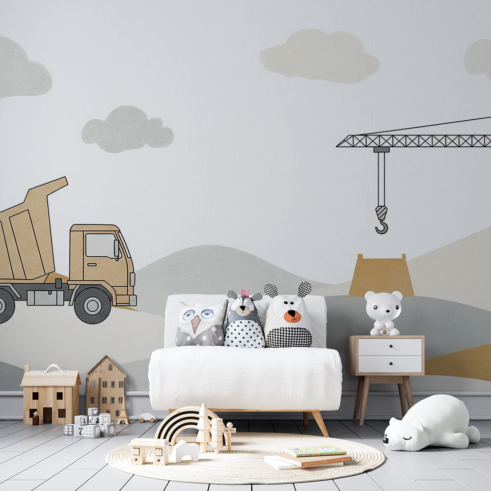 Kids-Mundo dump truck and crane wall mural behind a bed in a calm kids bedroom.