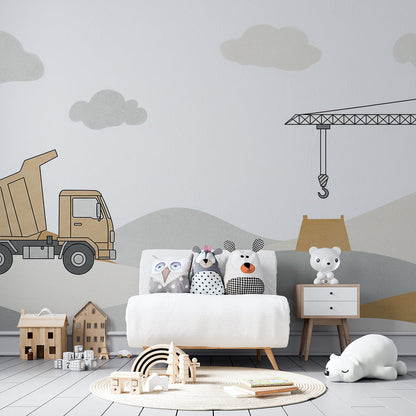 Kids-Mundo dump truck and crane wall mural behind a bed in a calm kids bedroom.