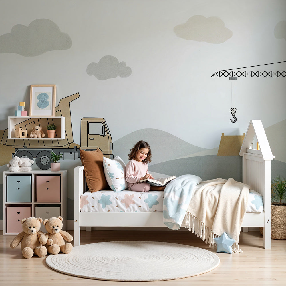 Kids-Mundo dump truck and crane wall mural styled in a soft neutral nursery.