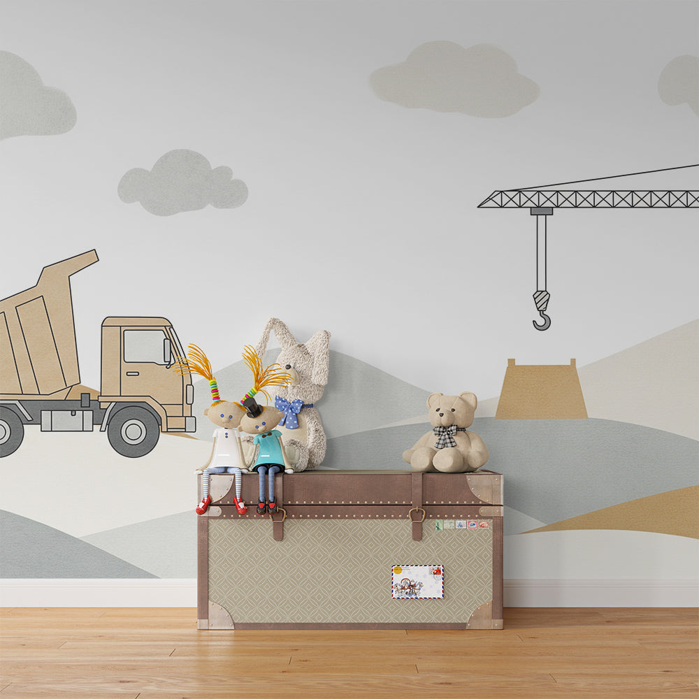 Kids-Mundo dump truck and crane wall mural bringing a building site to a playroom.