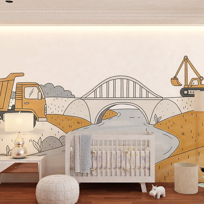 Kids-Mundo dump truck wall mural covering a kids bedroom wall next to a wooden bookshelf.