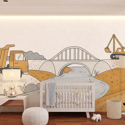 Kids-Mundo dump truck wall mural covering a kids bedroom wall next to a wooden bookshelf.