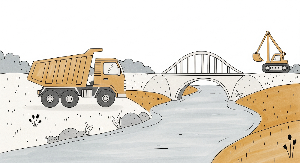 Dump Truck and Digger by the River Wall Mural