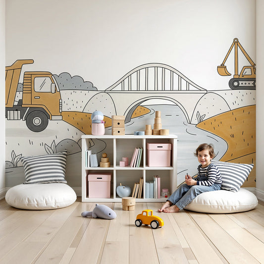 Kids-Mundo dump truck and river wall mural in a nursery behind a white cot and soft throw.