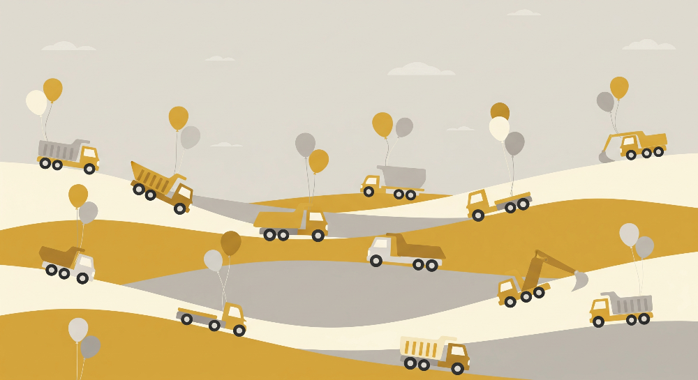 Dump Trucks and Balloons Over Rolling Hills Wall Mural