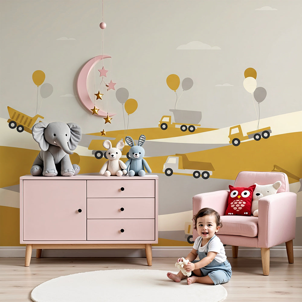 Kids-Mundo dump truck and balloon wall mural over rolling hills in a warm, playful nursery.