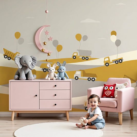 Kids-Mundo dump truck and balloon wall mural over rolling hills in a warm, playful nursery.