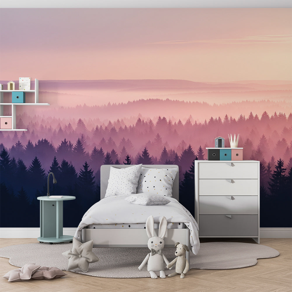 Kids-Mundo misty pink forest wall mural as a quiet feature wall in a cosy playroom