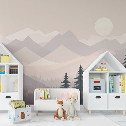 Kids-Mundo dusty pink mountain wall mural brightening a colourful children's playroom corner