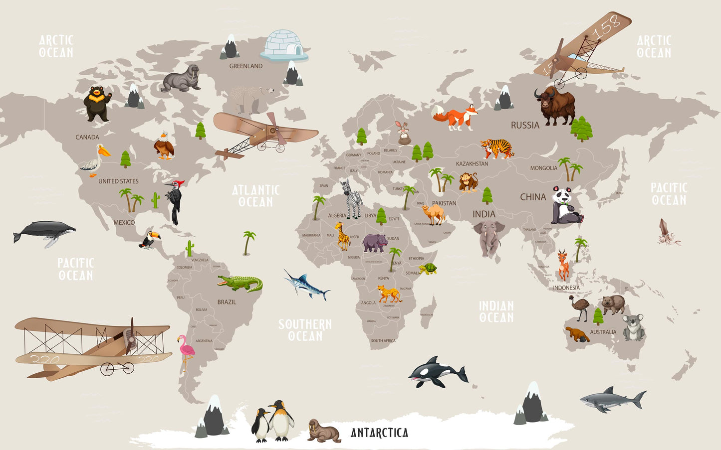Flat artwork of the Kids-Mundo educational world map design with labelled oceans, countries and animal illustrations