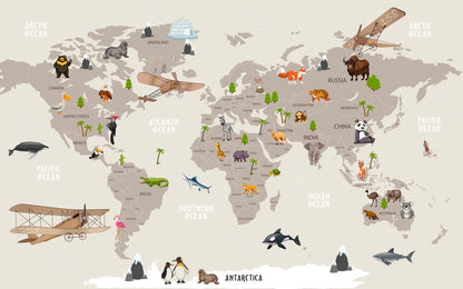 Flat artwork of the Kids-Mundo educational world map design with labelled oceans, countries and animal illustrations
