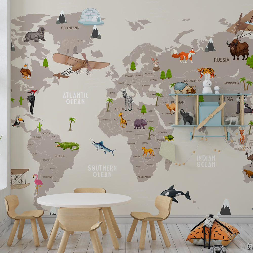 Kids-Mundo educational world map wall mural in a playroom, featuring animals and vintage biplanes across every continent