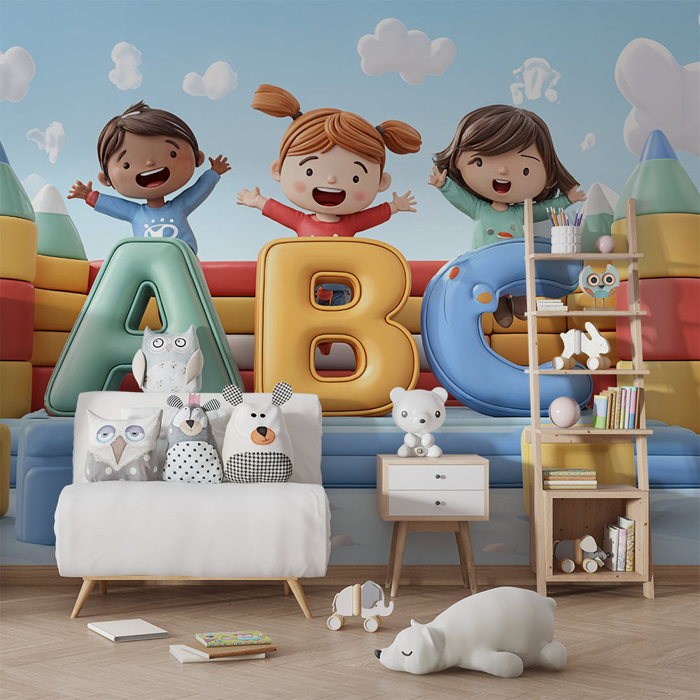 Bright ABC learning wallpaper creating fun educational playroom with bounce castle theme by Kids-Mundo