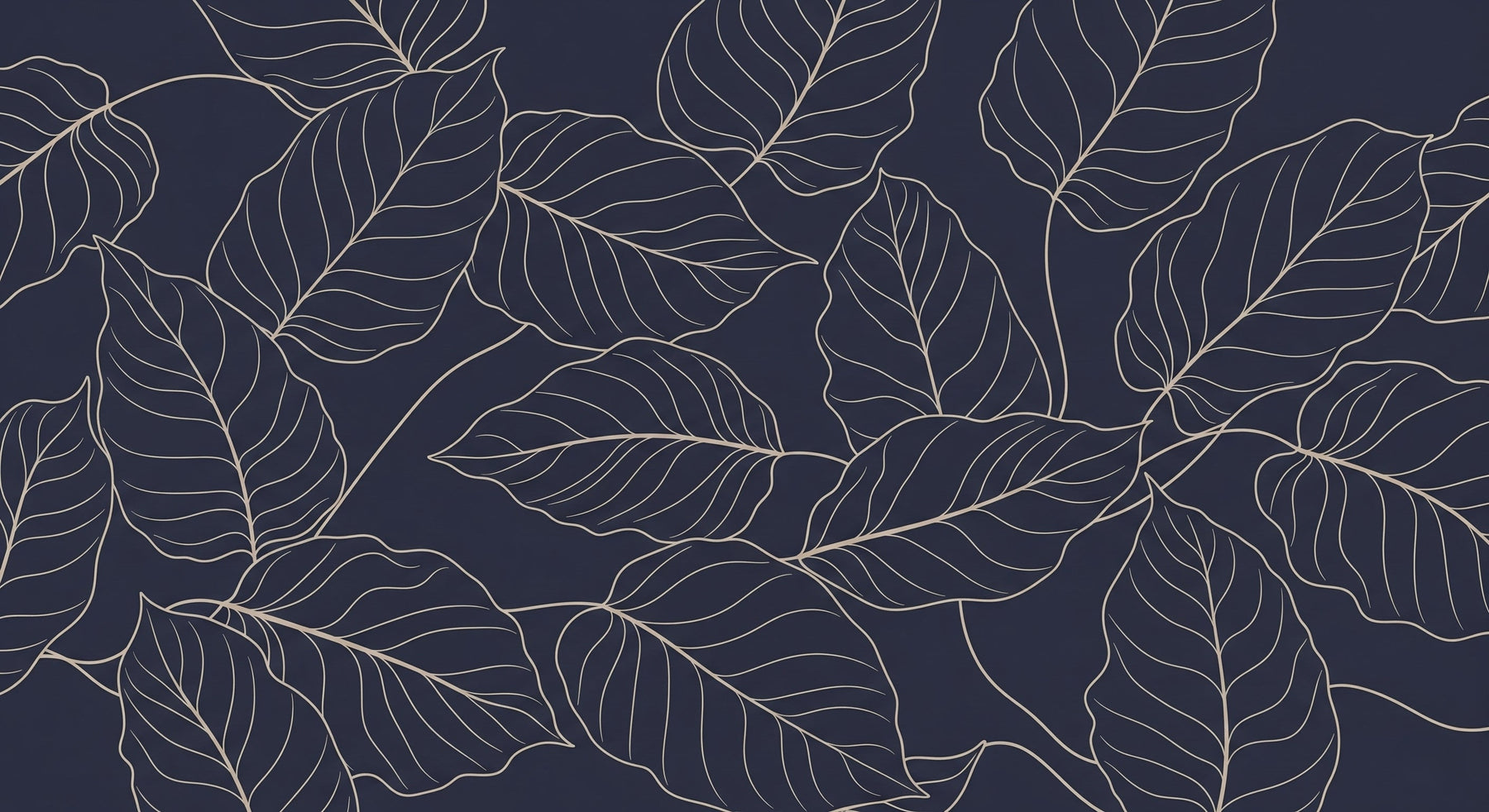 Detailed elegant leaves mural wallpaper design pattern with golden tracery on navy background by Kids-Mundo