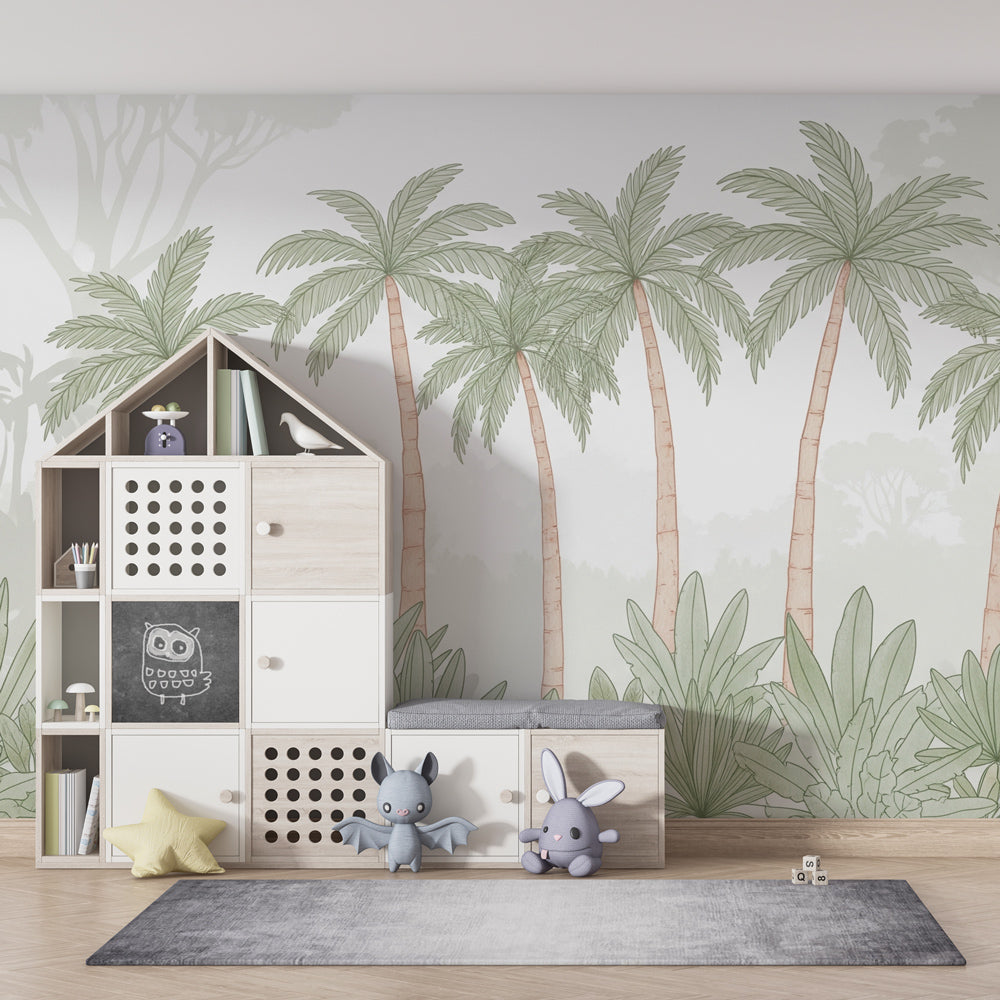 Kids-Mundo elegant palm trees wall mural covering a kids' bedroom feature wall