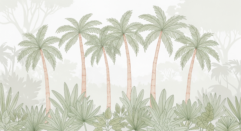 Kids-Mundo flat artwork of elegant palm trees against a soft, misty jungle backdrop