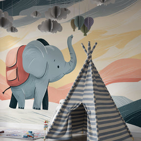 Sunset elephant safari mural wallpaper in modern children's bedroom setting
