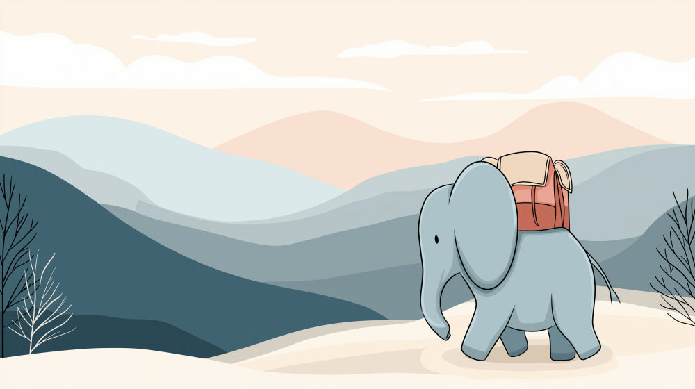 Detailed elephant adventure mural wallpaper design pattern with blue explorer and mountain landscape by Kids-Mundo