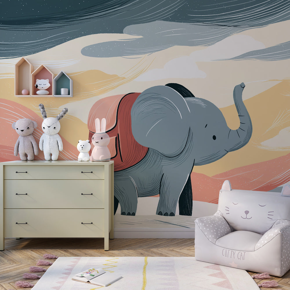 Adventure themed elephant wallpaper transforming kids playroom with sunset colors