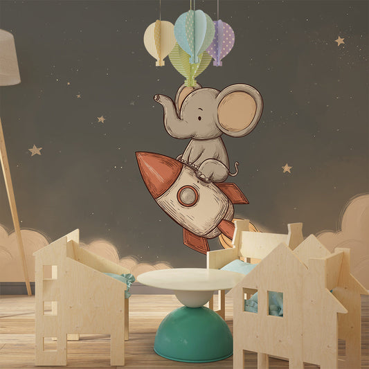 Kids-Mundo space elephant wall mural styled in an adventurous children's bedroom