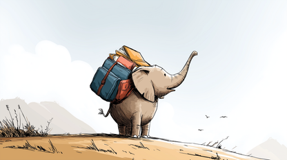 Kids-Mundo flat artwork of a young elephant on a hilltop wearing a backpack stuffed with books.