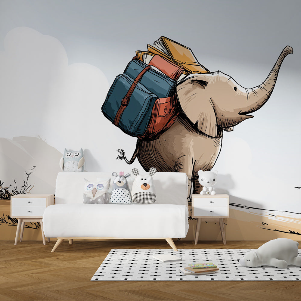 Kids-Mundo adventuring elephant wall mural installed as a feature wall in a school-themed playroom.