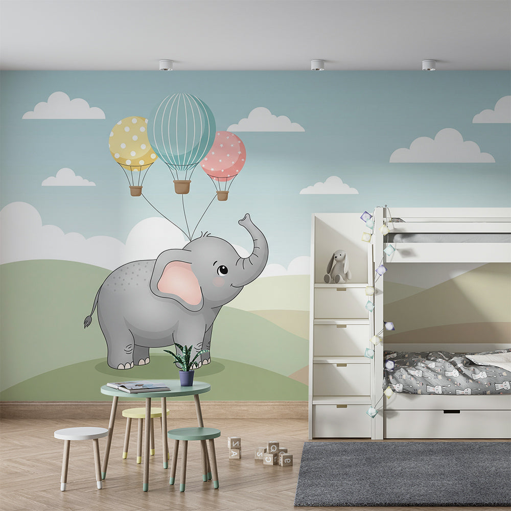 Kids-Mundo elephant balloon wall mural with blue sky in a children's bedroom