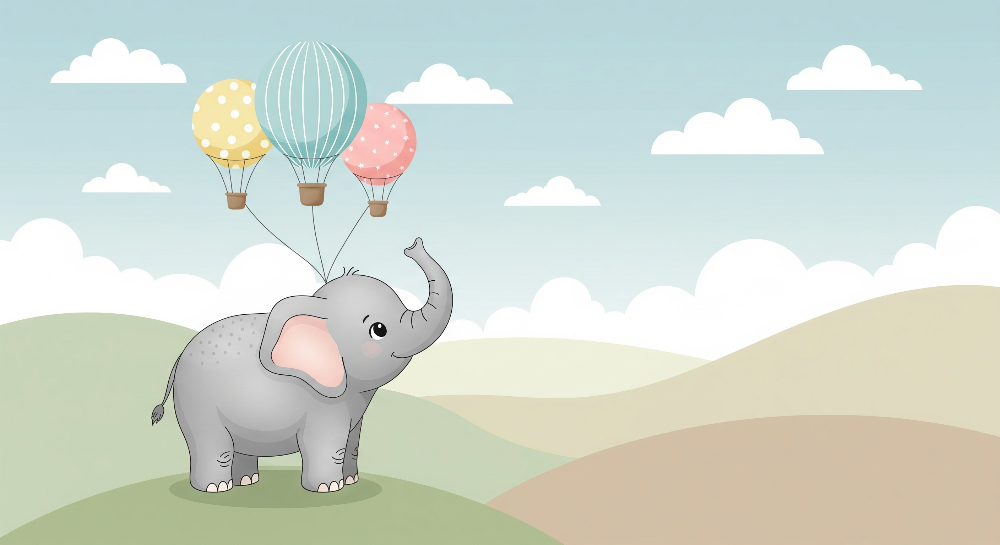 Kids-Mundo flat artwork of an elephant holding three balloons on a grassy hill