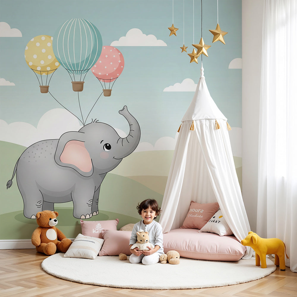 Kids-Mundo elephant hot air balloon wall mural on hills in a nursery setting