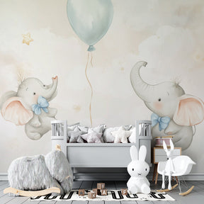 Floating elephant balloon wallpaper creating magical atmosphere in baby's room