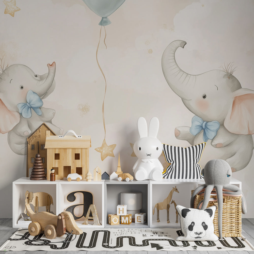 Soft pastel elephant mural wallpaper with golden stars for children's bedroom