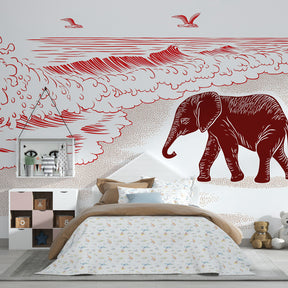 Red and white elephant ocean wallpaper creating coastal themed kids bedroom decor