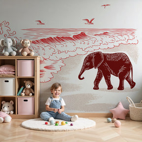 Elephant beach mural wallpaper with stylized waves in modern nursery by Kids-Mundo