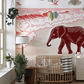 Beach elephant mural wallpaper transforming children's playroom into seaside adventure