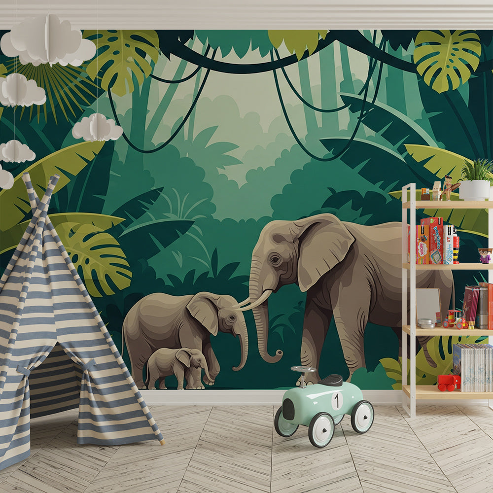 Kids-Mundo elephant and calf wall mural behind a bed in a kids bedroom