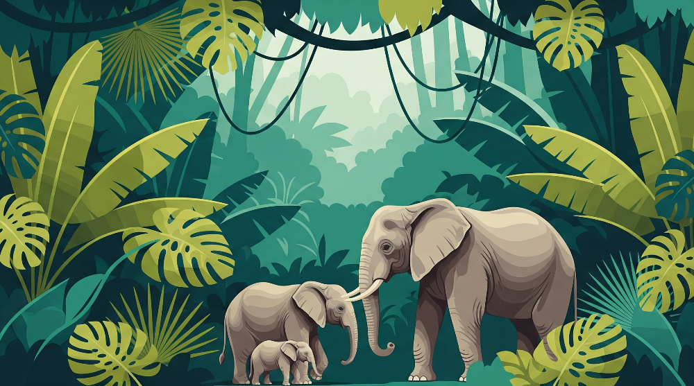 Kids-Mundo flat artwork of a mother elephant and calf walking beneath jungle leaves