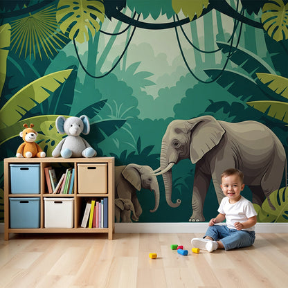 Kids-Mundo jungle elephant wall mural in a green nursery beside a cot and shelf