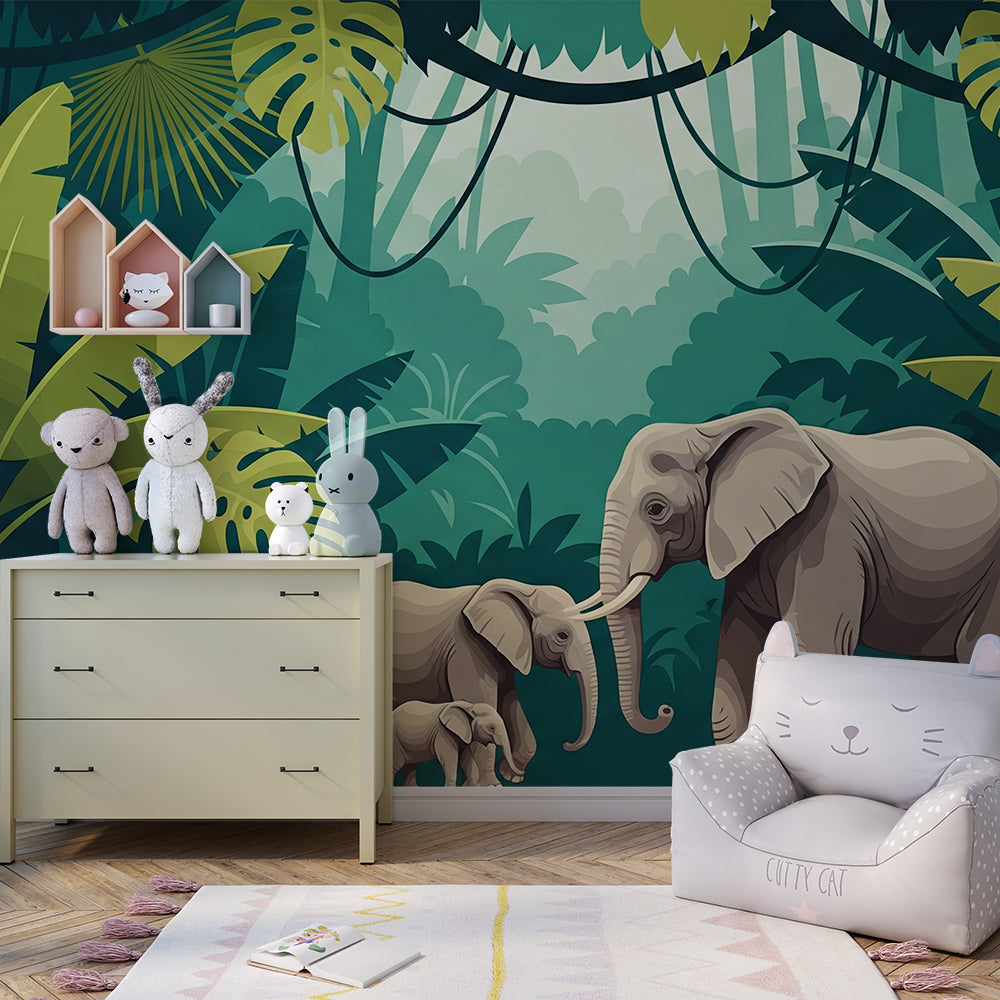 Kids-Mundo jungle elephant mural covering a wall in a children's playroom