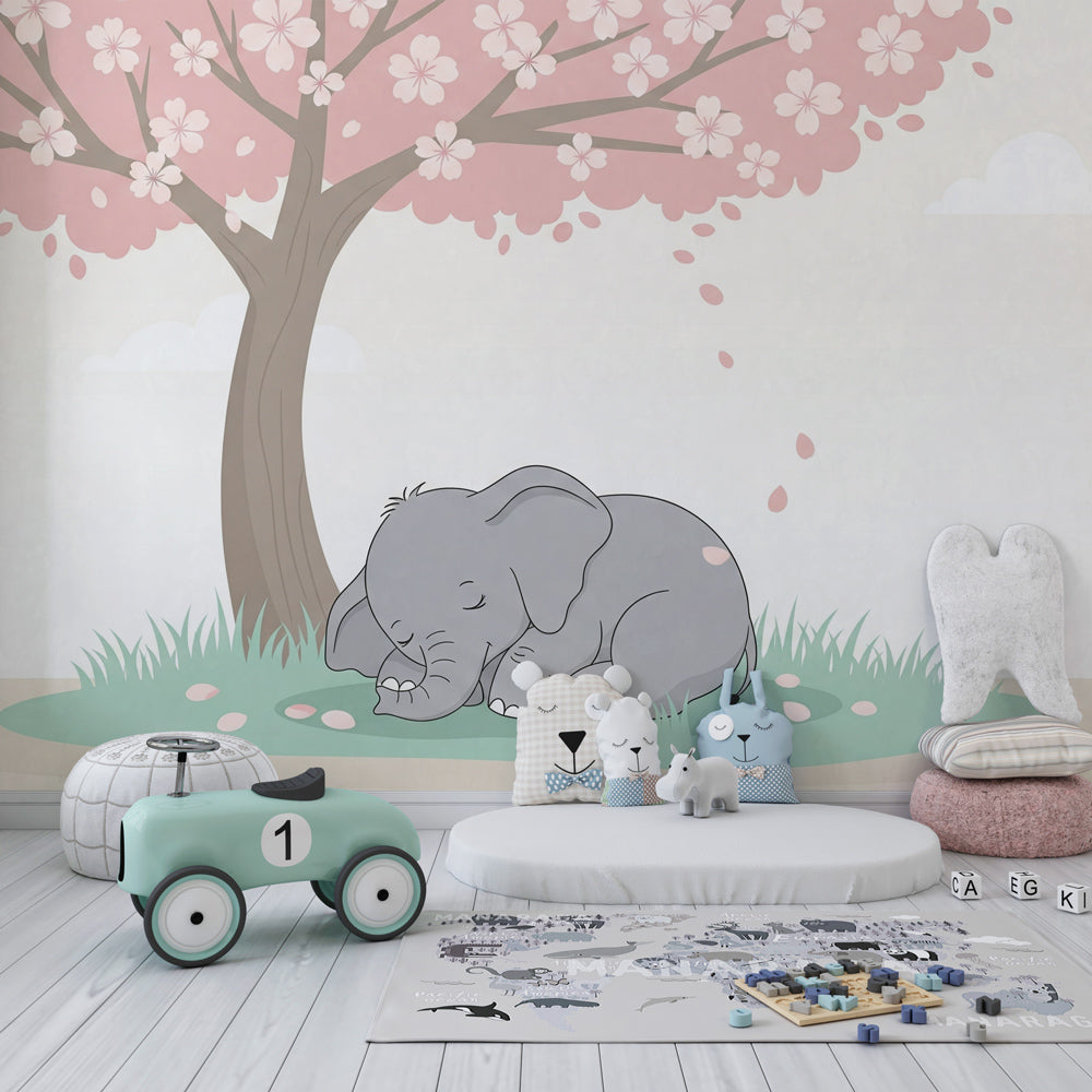 Safari elephant wallpaper with pink cherry blossoms creating serene children's bedroom decor
