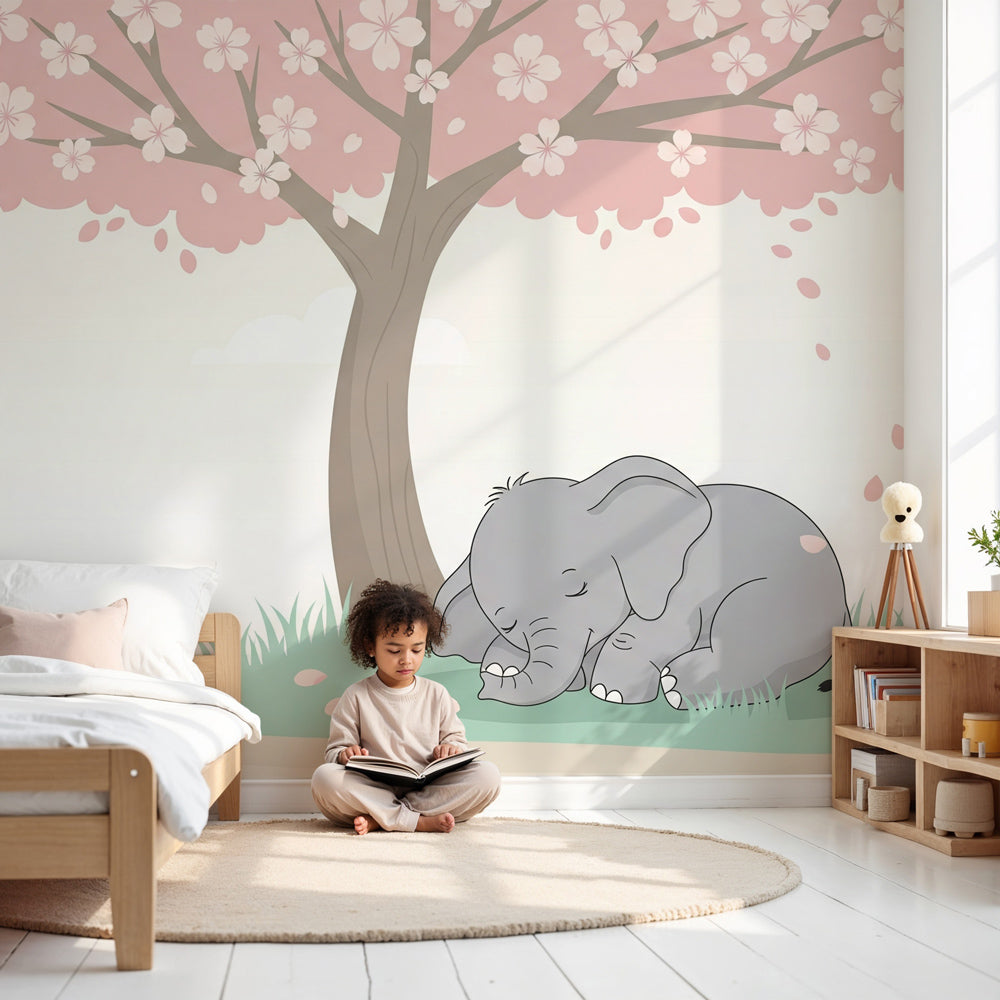 Sleeping elephant cherry blossom mural wallpaper in peaceful kids nursery by Kids-Mundo
