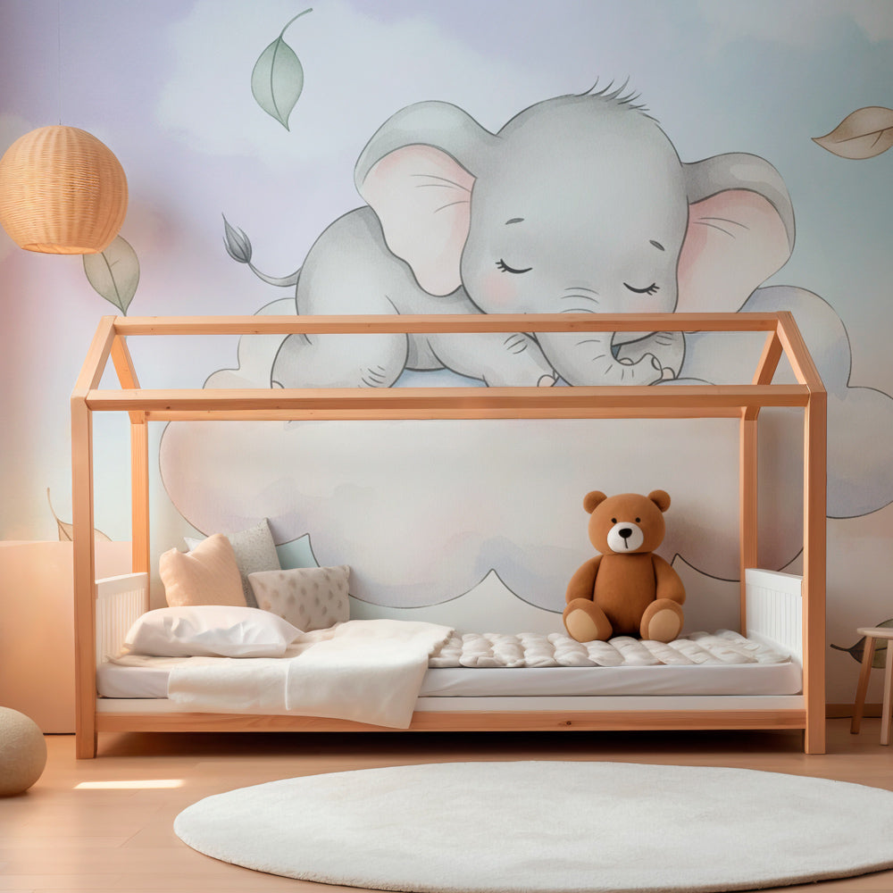 Dreamy elephant wallpaper creating peaceful atmosphere in modern baby bedroom decor