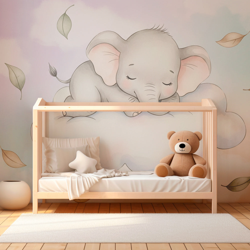 Pastel elephant cloud wallpaper in beautifully decorated children's room interior